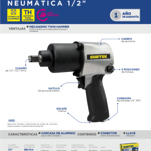 Pistola de impacto neumática cuadro de 1/2" 500 Ft-lb sistema twin hammer Surtek