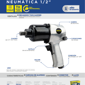 Pistola de impacto neumática cuadro de 1/2" 425 Ft-lb sistema twin hammer Surtek