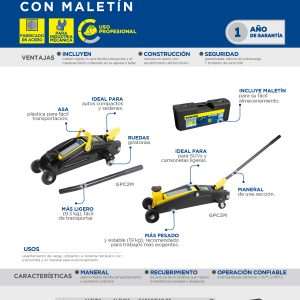 Gato hidráulico de patín compacto, 3 ton en maletín plástico Surtek