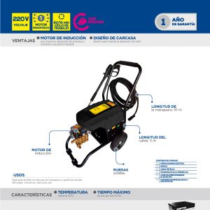 Hidrolavadora eléctrica 2800 W 220 V 2500 PSI, 9 Lt por minuto Surtek