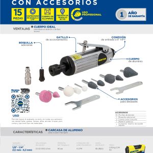 Juego de moto-tool neumático recto con accesorios, 15 piezas Surtek