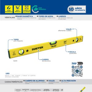 Nivel magnético de aluminio 48" Surtek
