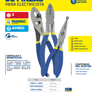 Juego de pinzas para electricista con mango doble plastisol, 3 piezas Foy