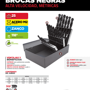 Juego de brocas negras de acero de alta velocidad métricas zanco recto, 25 piezas Urrea