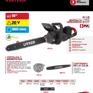 Motosierra 16 " a batería Litio-ion 20+20 V Urrea