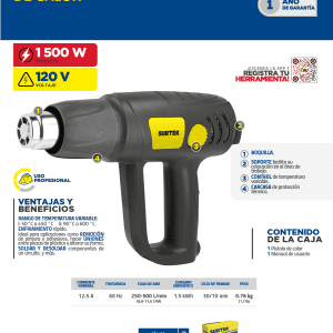 Pistola de calor enfriamiento rápido 1500 W, 50° C a 600°C, 120 V Surtek