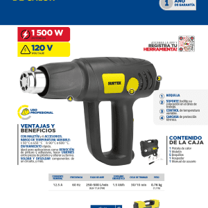 Pistola de calor  enfriamiento rápido 1500 W, 50° C a 600°C, 120 V, 6 acc, maletin Surtek