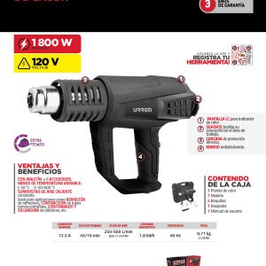 Pistola de calor contra sobrecalentamiento 1800 W, 50°C a 600°C, 120 V, 6 acc, maletin LCD Urrea