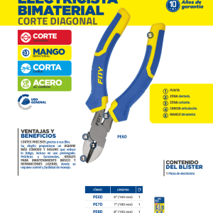 Pinza para electricista con mango bimaterial corte diagonal de 8" Foy
