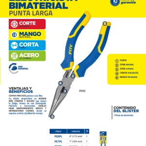 Pinza para electricista con mango bimaterial punta larga de 8" Foy