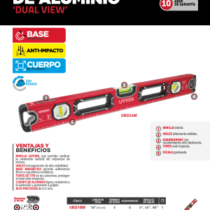 Nivel anti-impacto dual view magnético de aluminio 48" Urrea