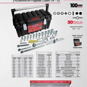 Juego de dados y accesorios cuadro de 1/4" y 1/2" en pulgadas, 51 piezas Urrea