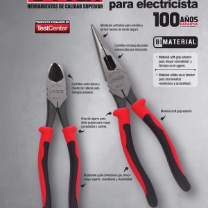 Pinza para electricista con mango bimaterial de 6-23/32" punta larga corte lateral con res Urrea