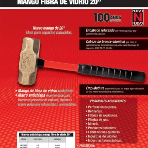 Marro de bronce-aluminio antichispa de 18lb con mango largo de fibra de vidrio 20" Urrea