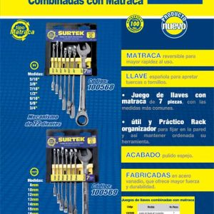 Juego de llaves combinadas pulido espejo de matraca mét, 12 puntas, 7 piezas en rack Surtek