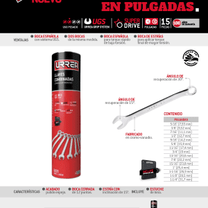 Juego de llaves combinadas pulido espejo en pulgadas, 12 puntas, 15 pz en tubo full color Urrea