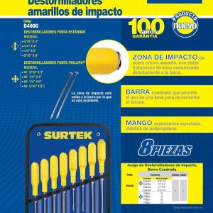 Juego de destornilladores con mango amarillo de golpe combinados, 8 piezas en estuche Surtek