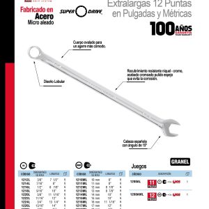Juego de llaves combinadas pulido espejo extra largas mét, 12 puntas, 12 piezas en estuche Urrea