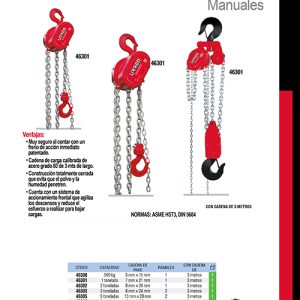 Polipasto manual con freno de acción inmediata 1 ramal, 2 ton, cadena 3 m Urrea