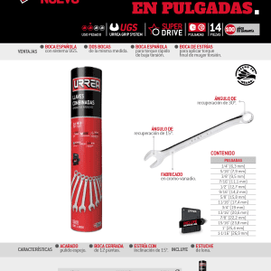 Juego de llaves combinadas pulido espejo en pulgadas, 12 puntas, 14 pz en tubo full color Urrea