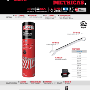 Juego de llaves combinadas pulido espejo métricas, 12 puntas, 15 piezas en tubo full color Urrea