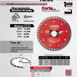 Disco de diamante turbo, 9" Urrea