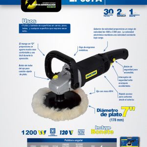 Pulidora angular 7" 1200 W 120 V, 600 - 3000 RPM Surtek