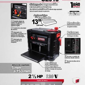 Cepillo estacionario 13" 2-1/2 HP 120 V, 5000 RPM 1 fase Urrea