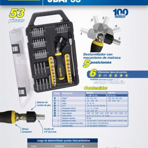 Juego de puntas y accesorios hexágono de 1/4", 53 piezas en caja plástica Surtek