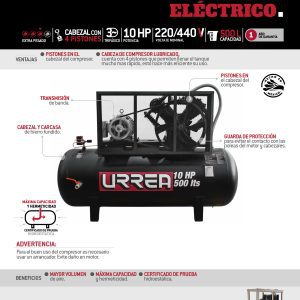 Compresor de aire eléctrico de banda 500L, 10HP, 220V - 440V Urrea