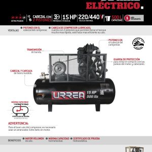 Compresor de aire eléctrico de banda 500L, 15HP, 220V - 440V Urrea