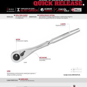 Matraca reversible cromada, quick release, para dado cuadro de 1/2" Urrea