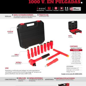 Juego de dados y accesorios cuadro de 1/2" en pulgadas para 1000 V, 11 piezas Urrea