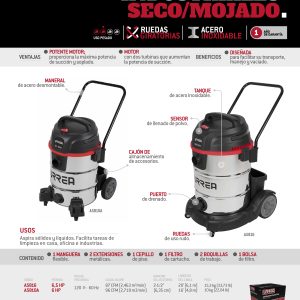 Aspiradora de acero inoxidable 10 galones, 6 HP Urrea