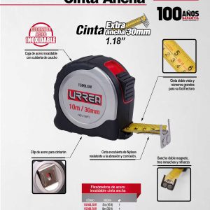 Flexómetro con carcasa de acero inoxidable 10 m x 30 mm Urrea