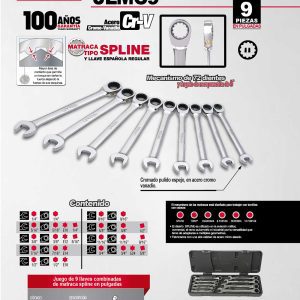 Juego de llaves combinadas pulido espejo de matraca spline en pulg,12 pts,9 pz en cja plás Urrea