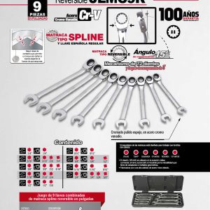 Juego de llaves combinadas pulido espejo de matraca spline rev en pulg,9 pz en caja plást Urrea