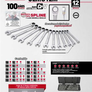 Juego de llaves combinadas pulido espejo de matraca spline mét,12 pts,12 pz en caja plást Urrea