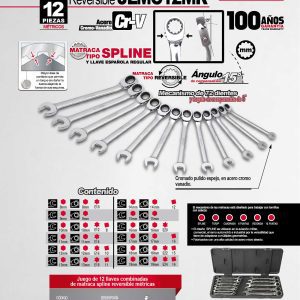Juego de llaves combinadas pulido espejo de matraca spline rev mét, 12 pz en caja plástica Urrea