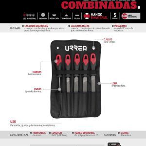 Juego de limas combinadas con mango bimaterial, 5 piezas Urrea