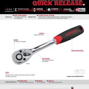 Matraca reversible con mango bimaterial, quick release, para dado cuadro de 1/2" Urrea