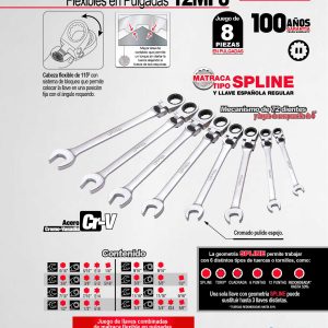Juego de llaves combinadas pulido espejo flex de matraca spline en pulg,8 pz en caja plást Urrea