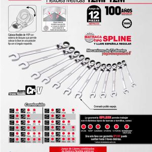 Juego de llaves combinadas pulido espejo flex de matraca spline mét,12 pz en caja plást Urrea
