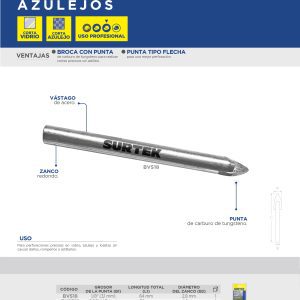 Broca para vidrios y azulejos de acero con cabeza de carburo de tungsteno 1/4" Surtek