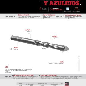 Broca para vidrios y azulejos de acero con cabeza de carburo de tungsteno 1/2" Urrea