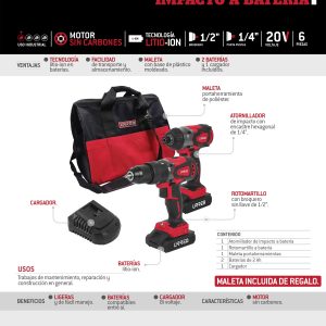 Juego de rotomartillo y atornillador de impacto a batería Li-ion 20 V, 2 piezas en mochila Urrea