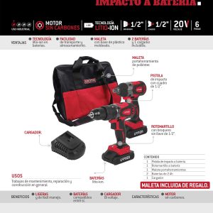 Juego de rotomartillo y pistola de impacto a batería Li-ion 20 V, 2 piezas en mochila Urrea