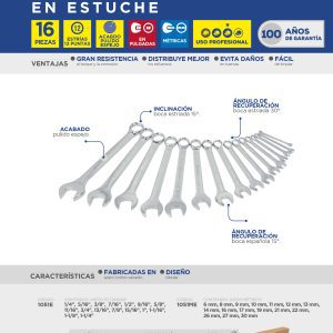 Juego de llaves combinadas pulido espejo métricas, 12 puntas, 16 piezas en estuche Surtek