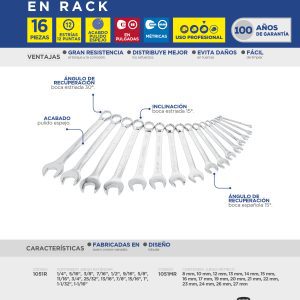 Juego de llaves combinadas pulido espejo métricas, 12 puntas, 16 piezas en rack Surtek