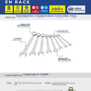 Juego de llaves combinadas pulido espejo métricas, 12 puntas, 8 piezas en rack Surtek
